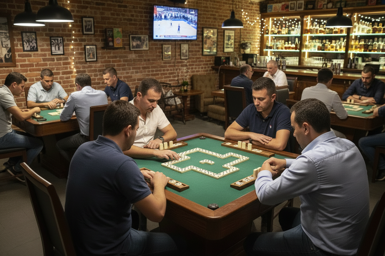 players playing domino in a tournament, dressed semi formal, playing in a professional domino table with holder for the dominoes 
