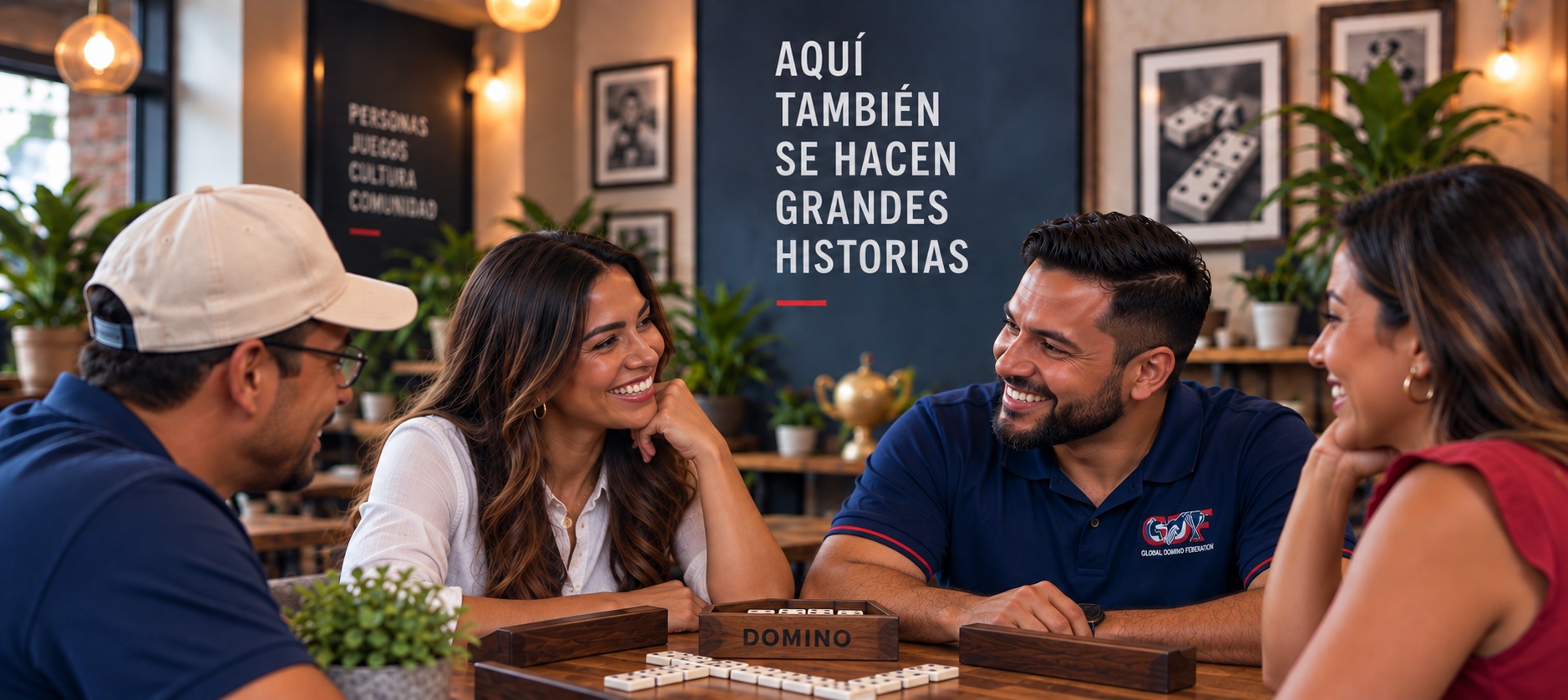 Cuatro amigos compartiendo historias alrededor de una mesa