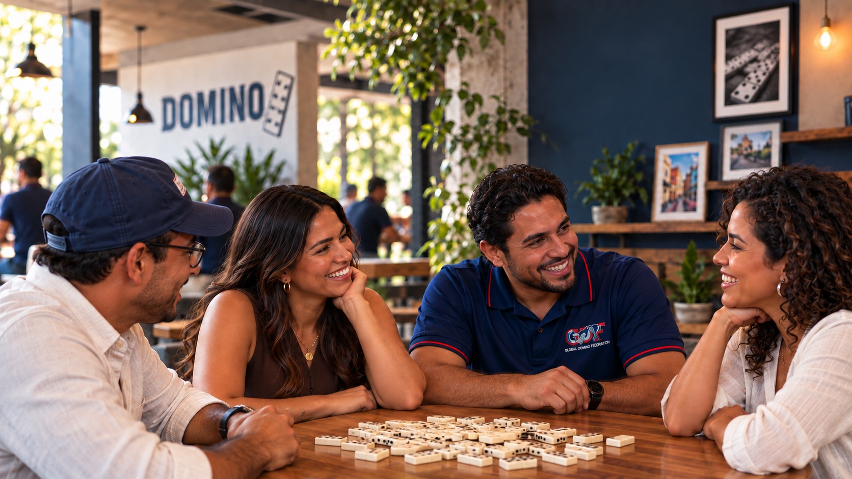 Cuatro amigos compartiendo una mesa con fichas de dominó en un café